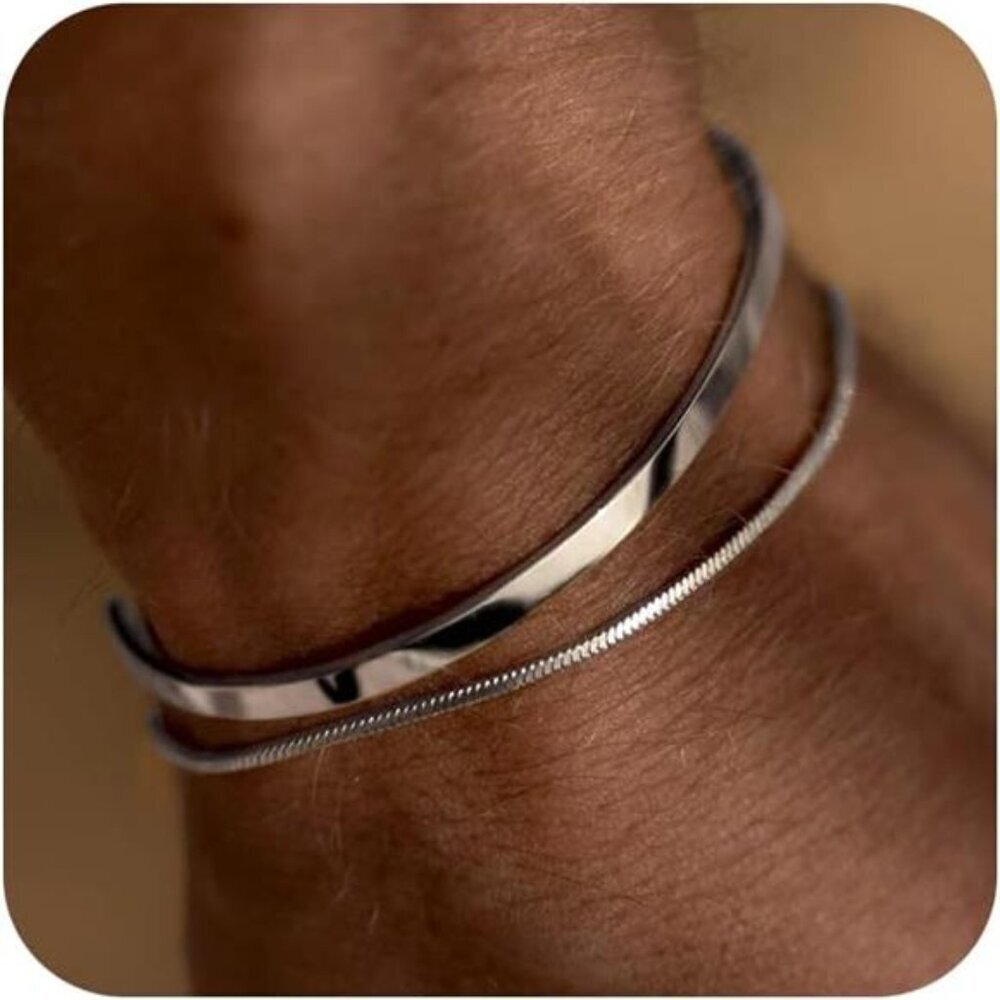 Sterling Silver Cuff Bracelet Set  Snake & Cuban Link